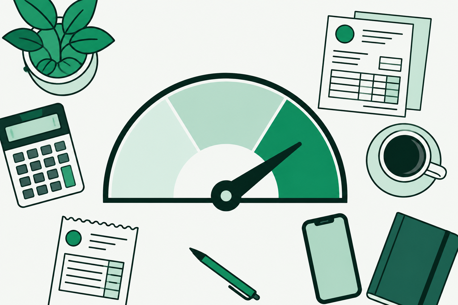 Ilustração vetorial minimalista de um medidor semicircular na faixa verde sobre uma mesa de trabalho com calculadora, notas fiscais, celular e xícara de café, representando o controle do teto de faturamento do MEI e o acompanhamento financeiro