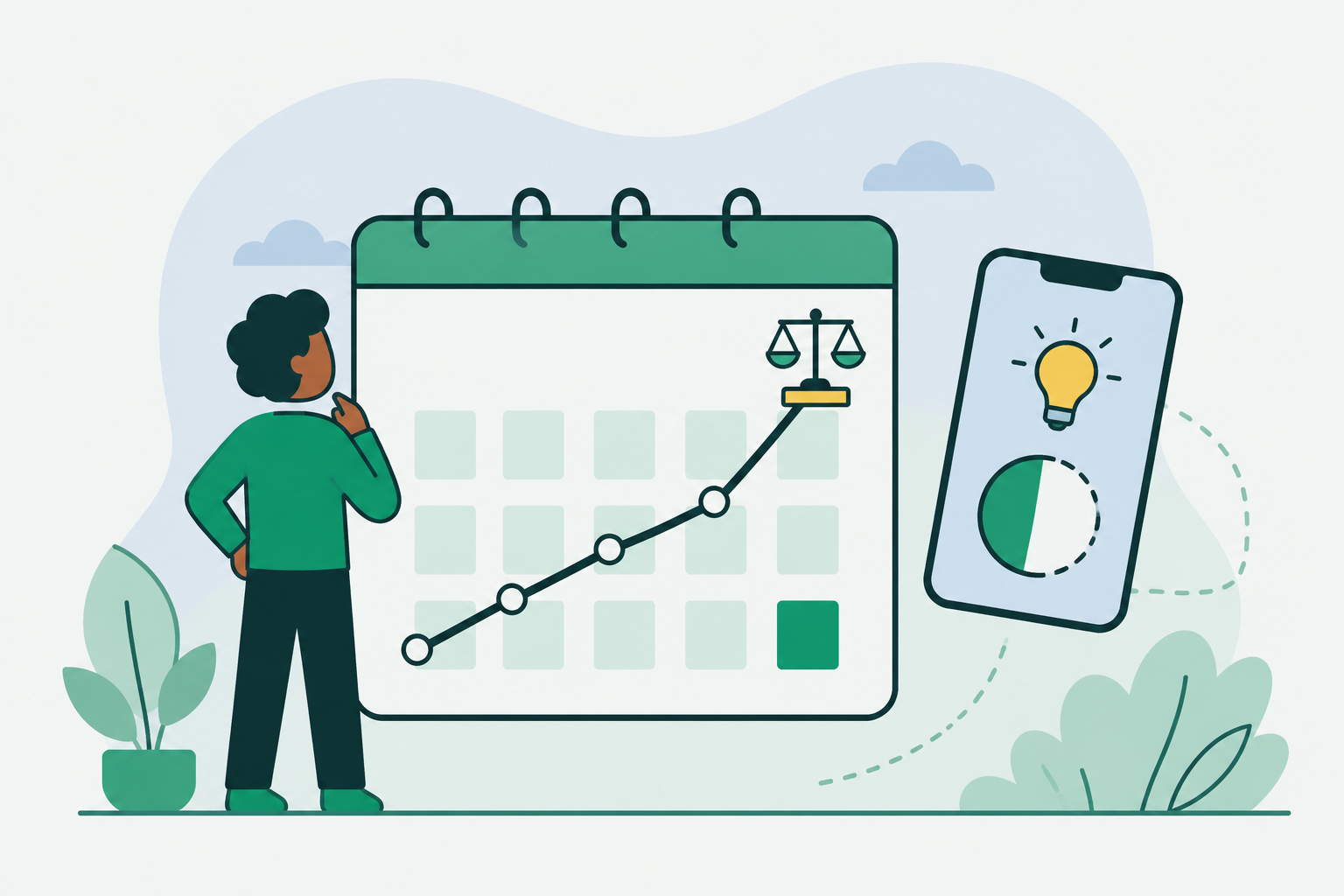 Empreendedor MEI checando faturamento anual com calendário, gráfico e balança, controle financeiro simplificado
