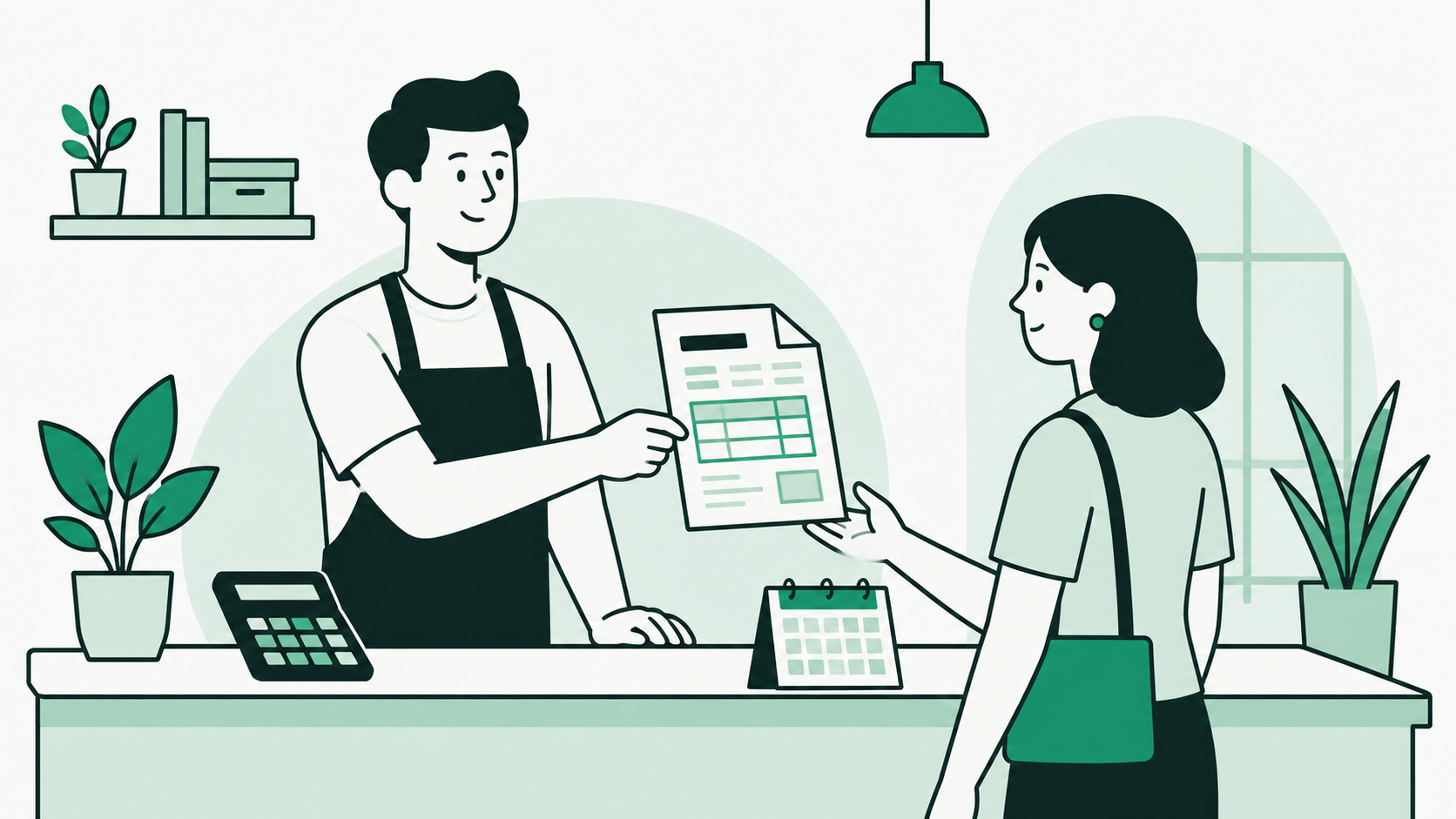 Microempreendedor entregando nota fiscal a pessoa física em ambiente claro e neutro, conceito de emissão opcional para MEI