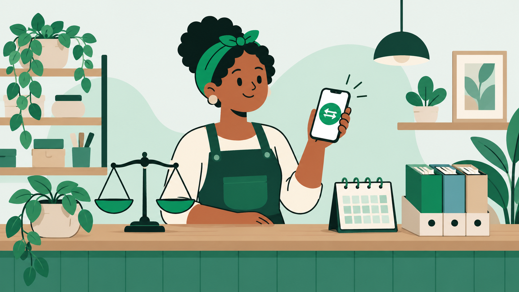 Microempreendedor estilizado com celular, balança e calendário sem números representando Pix e renegociação